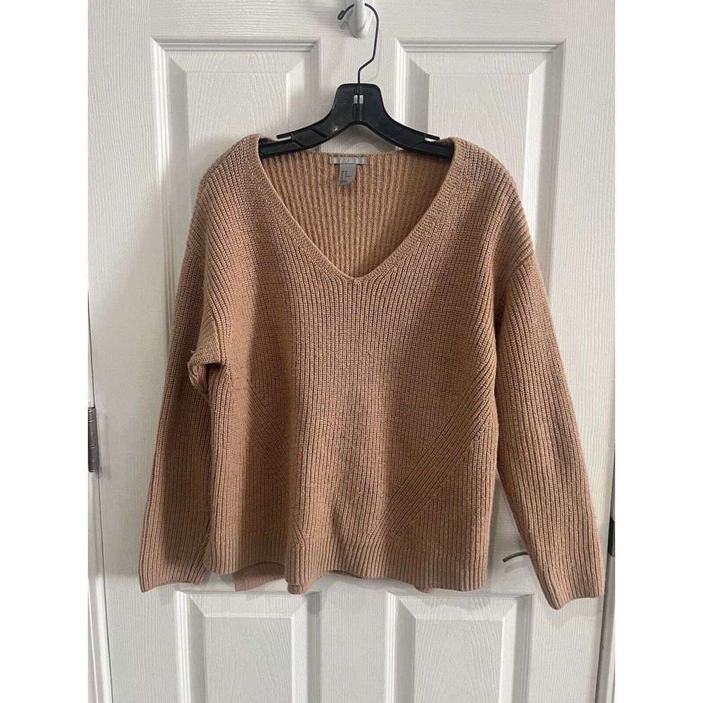 H&M Women's Beige V-Neck Long Sleeve Knit Sweater Size M